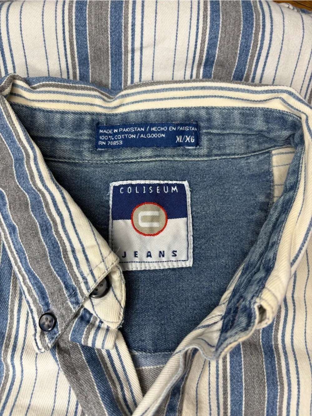 Vintage Coliseum Men's XL Short-Sleeve Button-Up Stripe Shirt Blue White Gray - Picture 2 of 16